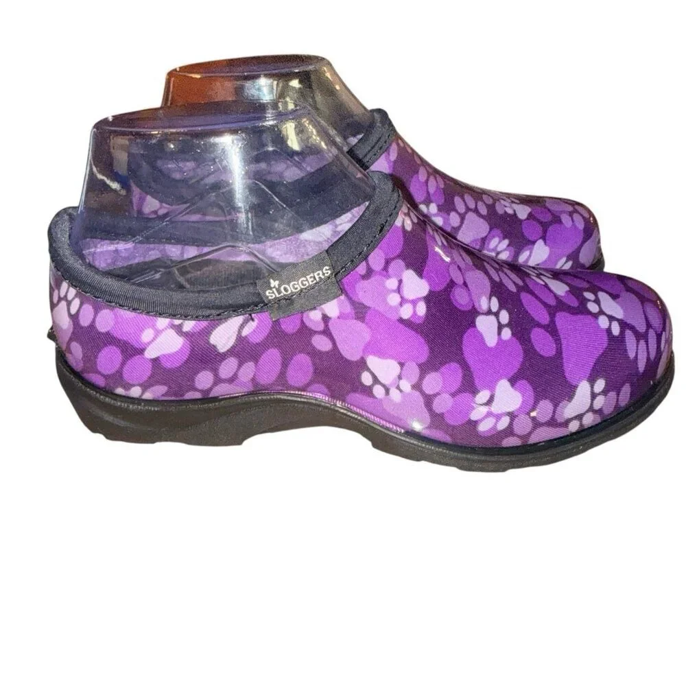 SLOGGERS Women's Sz 6 Garden/Rain Shoes Purple Paw Print